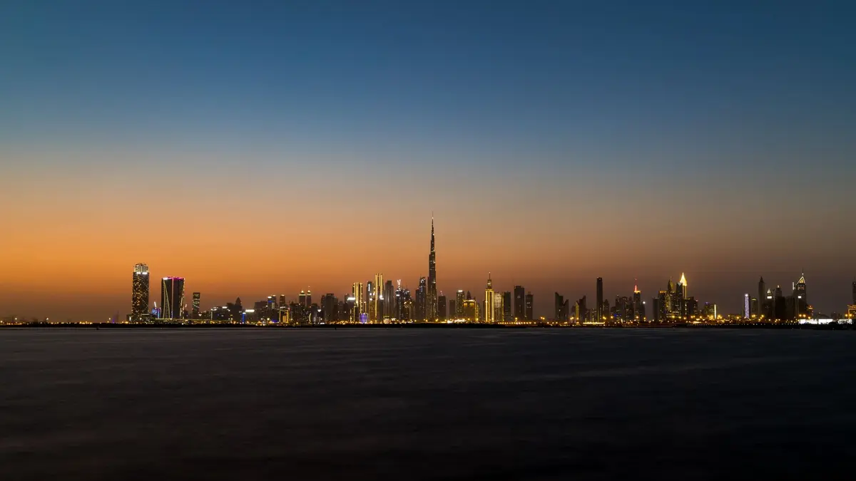 Dubai skyline with Burj Khalifa at sunset